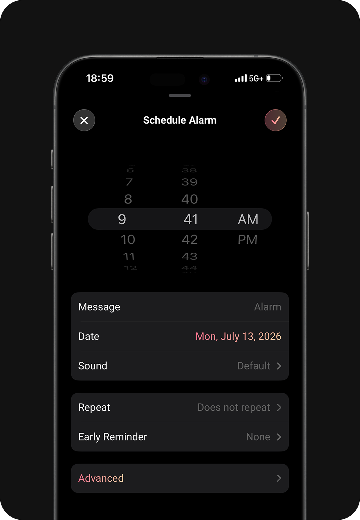 Schedule Alarm screen with time picker