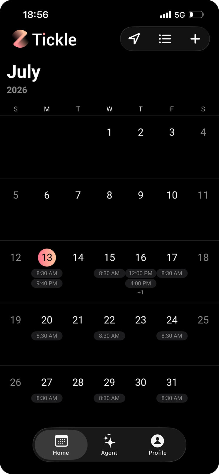 Tickle app calendar for July 2026